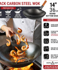 Chef using Preseasoned 14 Inch Carbon Steel Wok With Round Bottom for stir fry with shrimp on gas stovetop flame.