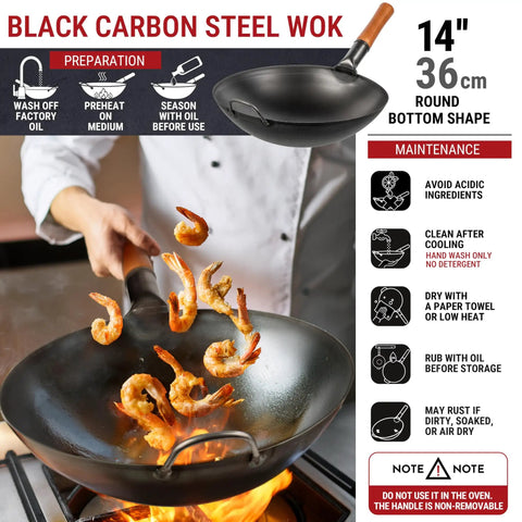 Chef using Preseasoned 14 Inch Carbon Steel Wok With Round Bottom for stir fry with shrimp on gas stovetop flame.