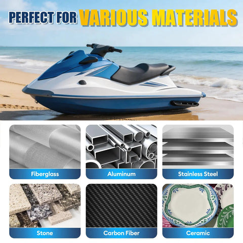 Boat Repair Kit For Fiberglass With Color Match Gel Coat used on jet ski and compatible materials like aluminum and ceramic.