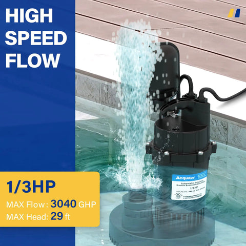 Beast Submersible Sump Pump For Clean And Dirty Water With Automatic Float Switch, 3040 GPH at high-speed flow in pool
