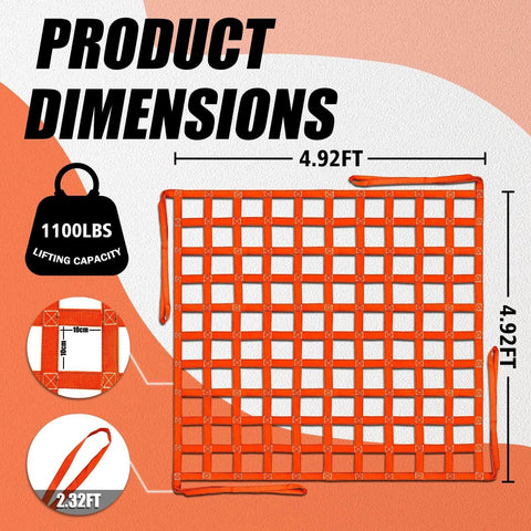 Heavy Duty Cargo Lifting Net 4.92x4.92 Ft Hoist 1100 Lbs Nylon Sling With 10 To 12 Cm Square Holes For Rigging dimensions