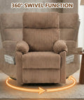 Comfy Brown Corduroy Rocking Chair With 360 Swivel And Gentle Rock in a small space setup, showing full rotation demo