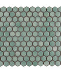 Mint Green Hex Porcelain Mosaic Tile For Floors And Walls, 1 Inch Hex, Mesh Mounted, Glossy Finish With Subtle Tone Variation.