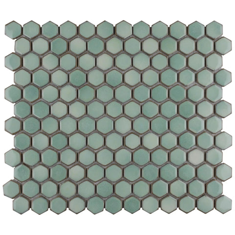 Mint Green Hex Porcelain Mosaic Tile For Floors And Walls, 1 Inch Hex, Mesh Mounted, Glossy Finish With Subtle Tone Variation.