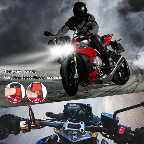 Motorcycle with LED Light Bar Wiring Harness Kit for 7 to 8 inch light bars and handlebar switch, shown riding at night