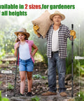 Two-In-One Garden Hoe Tool With Cultivator Rake And 45-Inch Handle next to 60-Inch Handle, ideal for all heights, held by gardeners.