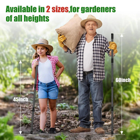 Two-In-One Garden Hoe Tool With Cultivator Rake And 45-Inch Handle next to 60-Inch Handle, ideal for all heights, held by gardeners.