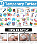 Science Party Favors Kit With 24 18 Inch Punch Balloons And 48 Pre Cut Temporary Tattoos featuring science-themed designs.