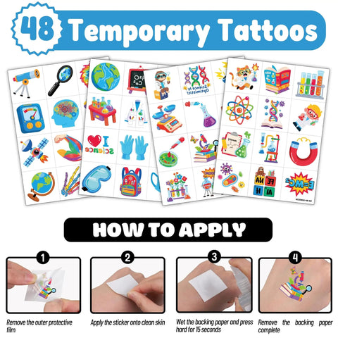 Science Party Favors Kit With 24 18 Inch Punch Balloons And 48 Pre Cut Temporary Tattoos featuring science-themed designs.