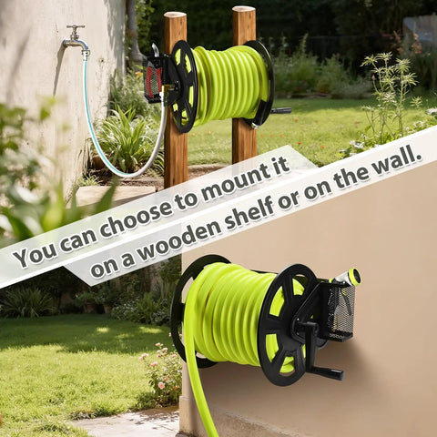 Heavy Duty Wall Mounted Garden Hose Reel, Metal Construction, Holds 125 Feet Of 5 8 Inch Hose, Includes 3.9 Foot Water Supply Hose
