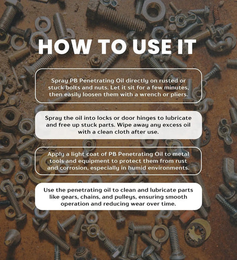 Instructions for using Penetrating Oil Spray Gift Set With Microfiber Cloth For Loosening Rusted Parts And Long-Lasting Lubrication Non-Evaporating Lube For Tools And Equipment Garage Must Have For Quick Fixes, displayed over rusted bolts and nuts background.