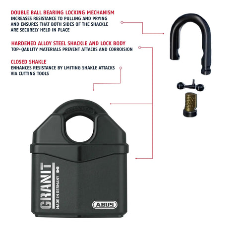 Granit 37/80 Beefy Heavy Duty Padlock With Hidden Closed Shackle 14mm Shackle 2 Keys For Storage Outdoor With locking mechanism highlighted