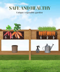 Wooden Raised Garden Bed With Legs And Two Tiers, Heavy Duty Planter Box For Backyard Patio Balcony, Divider Bag For Herbs And Veggies, Built In Storage Shelf For Tools And Pots, Brown Finish, front view with gardening tools and vegetables.