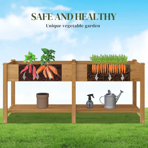 Wooden Raised Garden Bed With Legs And Two Tiers, Heavy Duty Planter Box For Backyard Patio Balcony, Divider Bag For Herbs And Veggies, Built In Storage Shelf For Tools And Pots, Brown Finish, front view with gardening tools and vegetables.