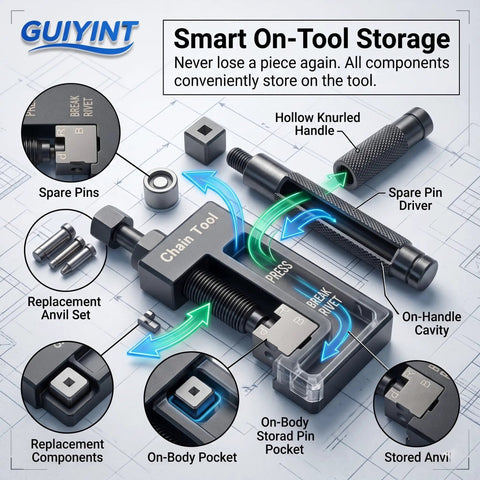 Motorcycle Chain Rivet Tool Replacement For Motion Pro PBR Chain Tool 08 0470, components labeled for smart on-tool storage