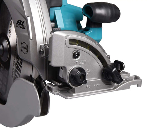 Close-up of Rock Solid Heavy Duty Cordless Circular Saw Featuring 40V Power Platform And High Speed Cutter, showing adjustable angle settings.