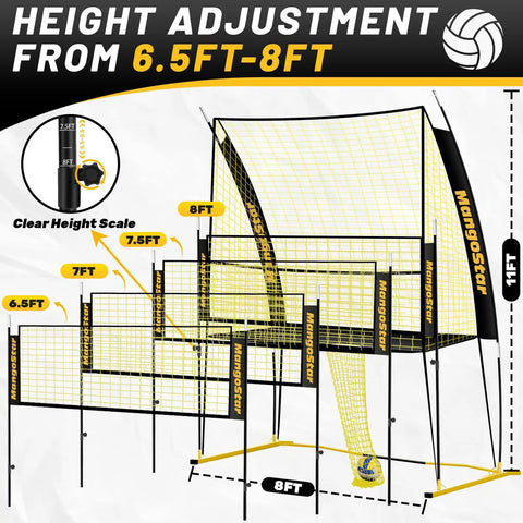 Adjustable Volleyball Net System For Backyard Practice With Freely Height-Adjustable From 6.5 To 8 Feet shown with height scale.