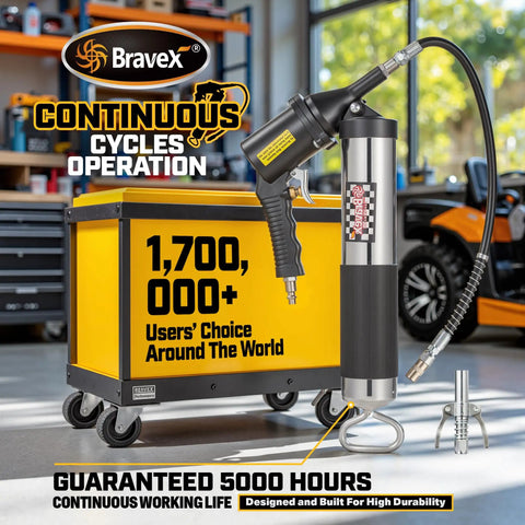 Heavy Duty 6000 PSI Pneumatic Grease Gun With Automatic Operation Quick Release Coupler Continuous Cycle 18 Inch Flex Hose Air Powered Tool For Easy Fast Lubrication And Long Lasting Performance displayed with toolbox.
