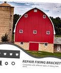 Repair fixing bracket for sliding barn doors, shown with a red barn background and compatible hardware pieces.