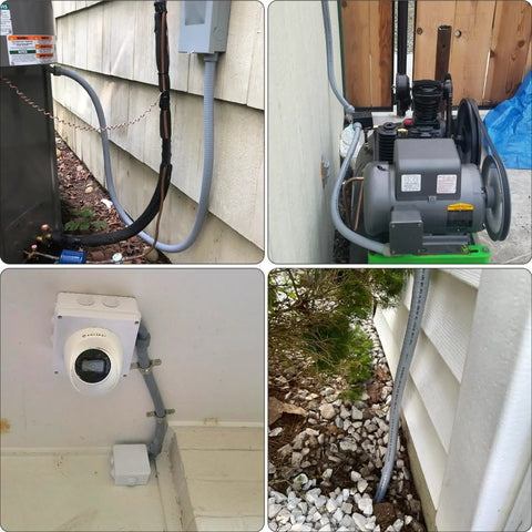 3/4 Inch Liquid Tight Conduit Kit 100 Ft Flexible Non Metallic PVC Conduit with fittings installed in various electrical setups