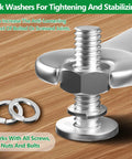 Close-up of Spring Lock Washer Set 304 Stainless Steel Eight Size Assortment with screws and nuts on wooden surface