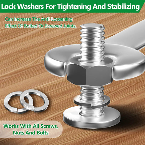 Close-up of Spring Lock Washer Set 304 Stainless Steel Eight Size Assortment with screws and nuts on wooden surface