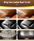 Before and after leather repair images showcasing No Sweat Leather And Vinyl Repair Kit For Car Seats Couches And Furniture.