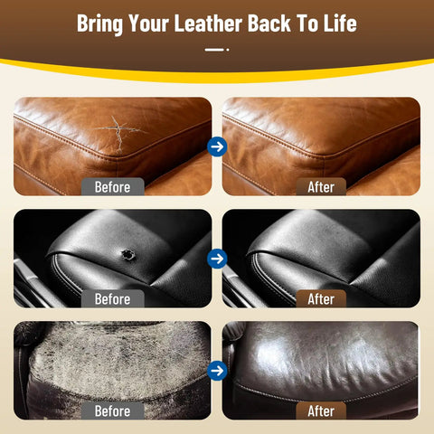 Before and after leather repair images showcasing No Sweat Leather And Vinyl Repair Kit For Car Seats Couches And Furniture.