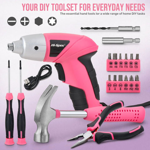 Pink Cordless Electric Screwdriver Kit For Quick Home Repairs And DIY, Ultra Lightweight Under 1 Lb Power Screwdriver Set With 19 Pieces shown with tools.