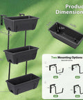 Product dimensions for Three Tier Vertical Hanging Railing Planter Box; adjustable brackets, suitable for herbs and veggies.