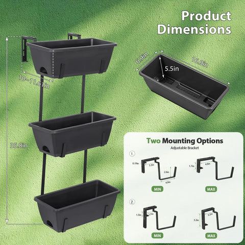 Product dimensions for Three Tier Vertical Hanging Railing Planter Box; adjustable brackets, suitable for herbs and veggies.