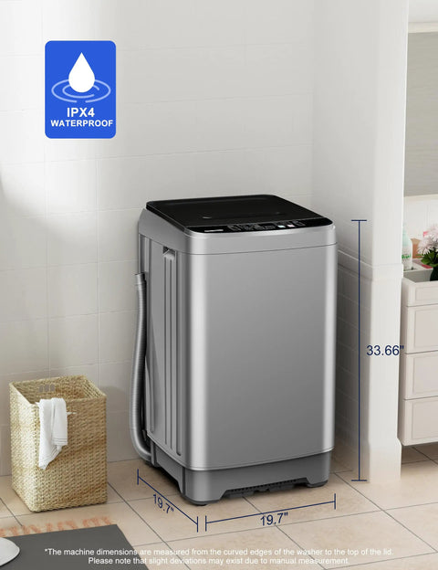 Portable Washing Machine 2 In 1 Compact Washer Built In Drain Pump 1.7 Cu Ft with dimensions, in a modern bathroom setting.