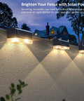 Top Shelf Solar Fence Lights Outdoor Pack Of Twelve With Three Custom Kelvin Options Rock Solid IP65 Water Resistant Build Auto Dusk To Dawn Glow Makes Backyard Patio And Deck Look Absolutely Fresh on a wall illuminating the area.