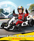 Child driving Dual Motor 24V Electric Go Kart For Kids 6-12 with Adjustable Seat Drift Mode, racing track in background.