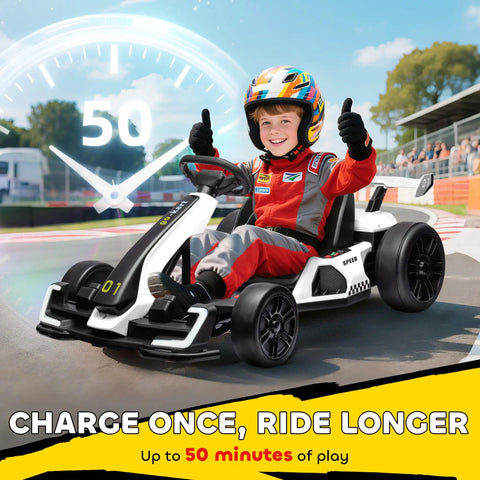 Child driving Dual Motor 24V Electric Go Kart For Kids 6-12 with Adjustable Seat Drift Mode, racing track in background.