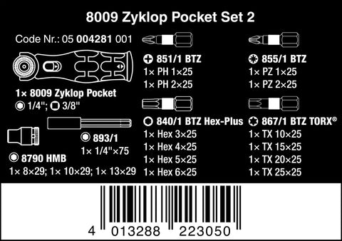 Instruction card for Zyklop Pocket Ratchet Set 2, 18 Piece Go-To Compact Tool Kit with part codes and specifications.