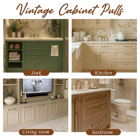 Antique Brass Cabinet Pulls 7.56 Inch Center-To-Center, 6.02 Inch Long Vintage Drawer Handles in kitchen and bathroom settings