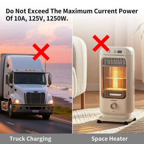 Image depicting truck charging and space heater with warning not to exceed 10A, 125V, 1250W power limit.