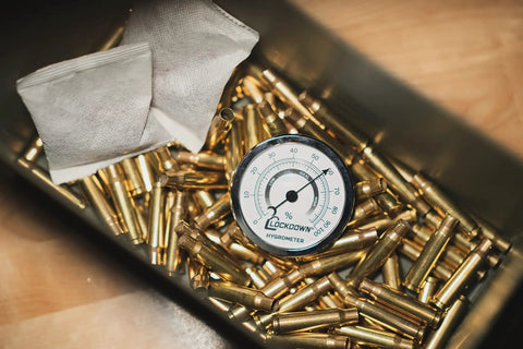 Large 2.75 Inch Hygrometer For Gun Vaults And Safes No Batteries Needed Humidity Monitor With Easy Read Dial Always On Moisture Control For Firearms And Valuables Simple To Mount And Use, in a safe with brass casings