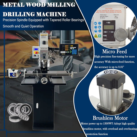 Badass 1300W Brushless Milling And Drilling Machine With R8 Taper Power Feed And Three Axis DRO 50 To 2250RPM Variable Speed for detailed metal and wood precision.