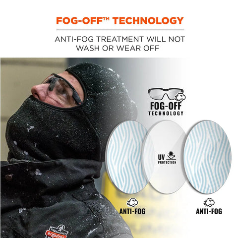 Skullerz Skoll Safety Glasses Matte Black Frame With Anti Fog Clear Lenses protecting worker in snowy conditions