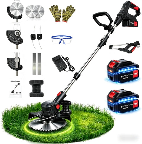 Cordless 24V Weed Wacker With Eight Inch Cutting Head Foldable 3 In 1 Trimmer Edger Mower with accessories and batteries