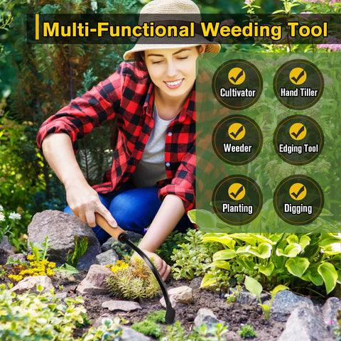 Person using Weed Puller Tool With Heavy Duty Steel Curved Head, Manual Weeder, Hand Cultivator And Garden Hoe in a garden bed