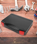 Small Hard Shell Plastic Toolbox Featuring Heavy Duty Multi Compartment Tool Organization And Secure Travel Storage With Hella Tough Durable Construction And Sweet Portable Gear Layouts on a wooden surface with tools.