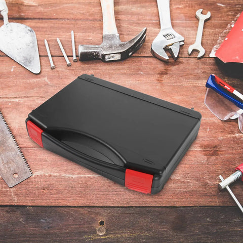 Small Hard Shell Plastic Toolbox Featuring Heavy Duty Multi Compartment Tool Organization And Secure Travel Storage With Hella Tough Durable Construction And Sweet Portable Gear Layouts on a wooden surface with tools.