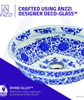 Blue floral design on a Deco-Glass vessel sink bowl by ANZZI, crafted from RHINO ALLOY certified materials.