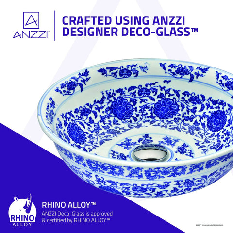 Blue floral design on a Deco-Glass vessel sink bowl by ANZZI, crafted from RHINO ALLOY certified materials.