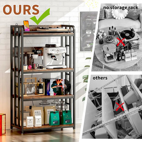 4 Tier Heavy Duty Kitchen Baker's Rack With Power Outlet And Industrial Wheels Freestanding Microwave Cart For Kitchen Storage Living Room Or Garage Rustic Brown shown organized with kitchen appliances and storage items, contrasted with clutter.