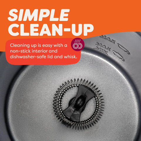 Close-up of 4 In 1 Electric Milk Frother And Steamer With 10oz Capacity showing non-stick interior and dishwasher-safe components.