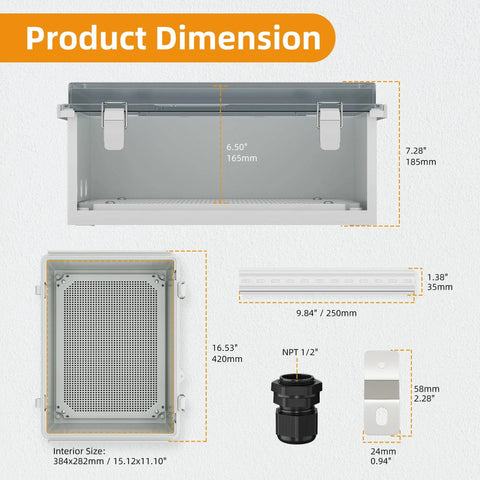 Weatherproof Plastic Electrical Junction Box 15.7x11.8x7.1 Inches Outdoor NEMA 4 Enclosure dimensions diagram with parts.